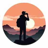 Vecteur gratuit homme debout sur le sommet de la montagne en regardant le coucher du soleil