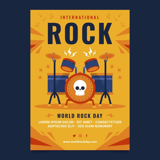 Vecteur gratuit modèle d'affiche de la journée mondiale du rock plat avec batterie