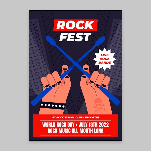 Vecteur gratuit modèle d'affiche de la journée mondiale du rock plat avec des mains tenant des baguettes de tambour