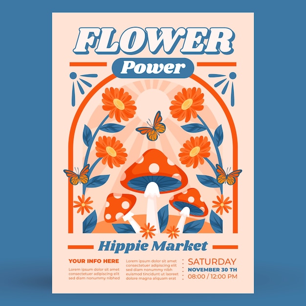 Vecteur gratuit modèle d'affiche de marché hippie à design plat