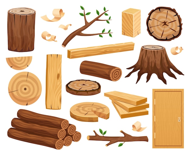 Vecteur gratuit matière première de l'industrie du bois et échantillons de production plat avec porte de planches de tronc d'arbre