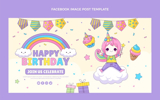 Vecteur gratuit message facebook anniversaire enfantin dessiné à la main