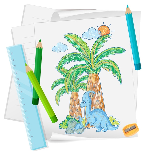 Un papier avec une conception de croquis de doodle avec un crayon de couleur et de couleur