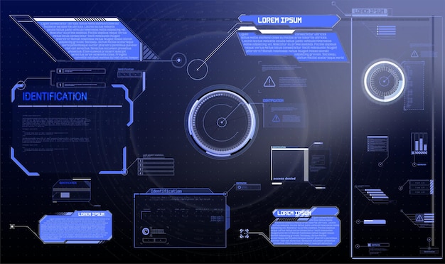 Le tableau de bord hud futuriste de science-fiction affiche l'écran de la technologie de réalité virtuelle. Éléments d'interface graphique de grande collection pour VR Circle Technologie numérique abstraite Titres et cadre des légendes de l'interface dans le style Sci-Fi