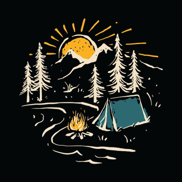 Vecteur camping randonnée nature montagne rivière illustration