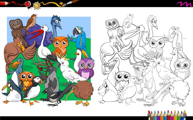 Vecteur groupe de personnages d'oiseaux livre de coloriage