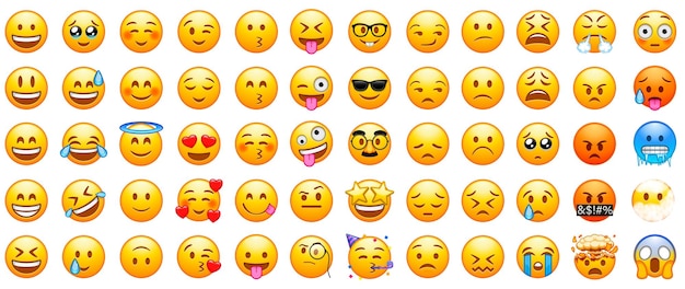 Vecteur grand ensemble d'emoji jaunes visages d'émoticônes drôles avec des expressions faciales
