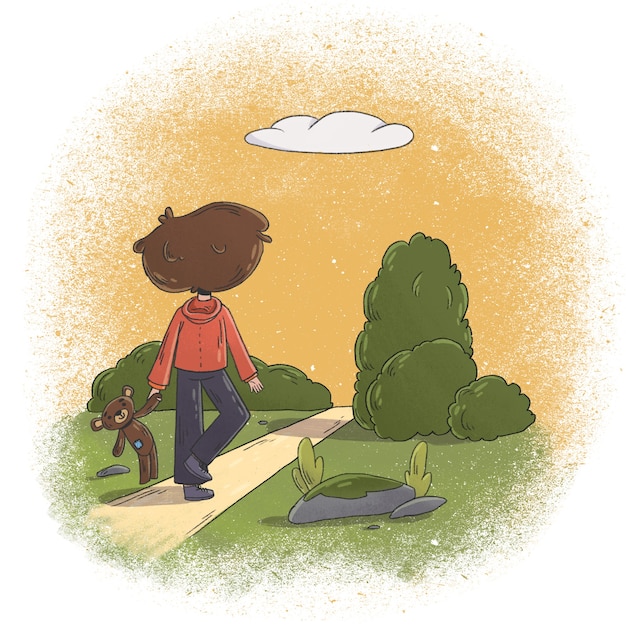 Vecteur illustration du jeune enfant marchant avec son ours en peluche à la main