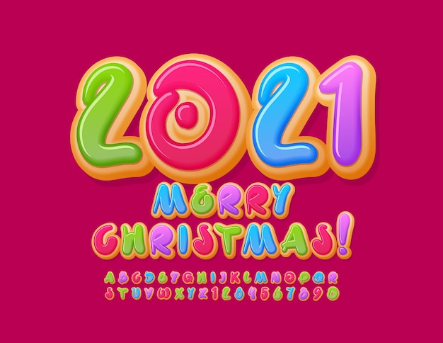 Vecteur joyeux noël 2021. ensemble de lettres et de chiffres de l'alphabet donut coloré