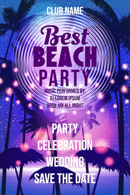 Vecteur meilleur modèle de fête sur la plage la nuit des palmiers de plage affiche flyer