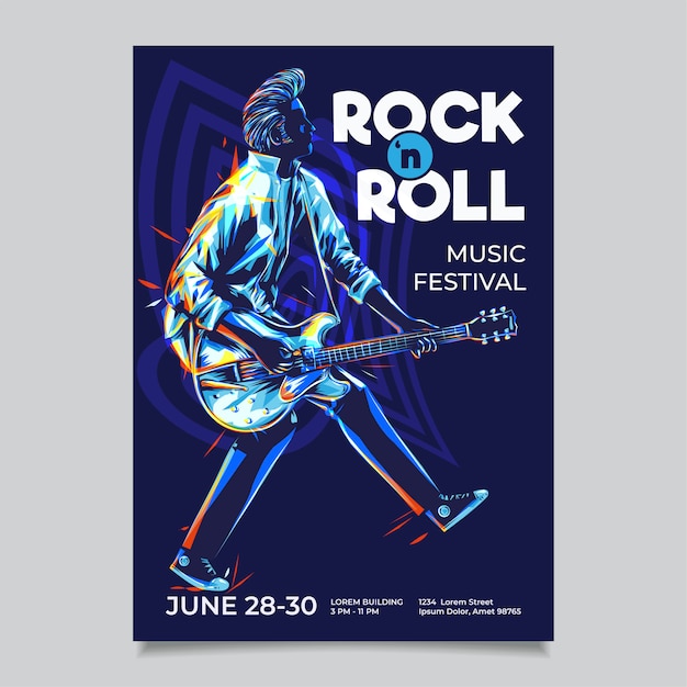 Vecteur modèle d'affiche rock n roll. guitariste avec illustration de style de canard. joueur de guitare rockabilly pompadour hair avec des touches de peinture colorées.