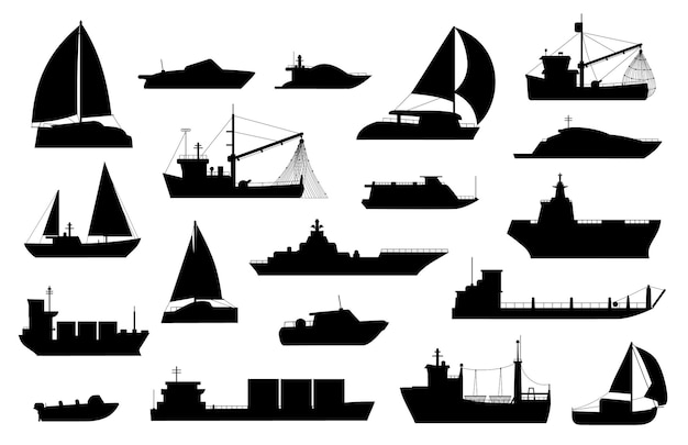 Vecteur silhouette de bateaux. icônes de voilier, péniche, bateau de pêche et de croisière, yacht de mer, passagers et cargo. ensemble de vecteurs de logo de transport nautique. expédition de bateaux industriels ou commerciaux