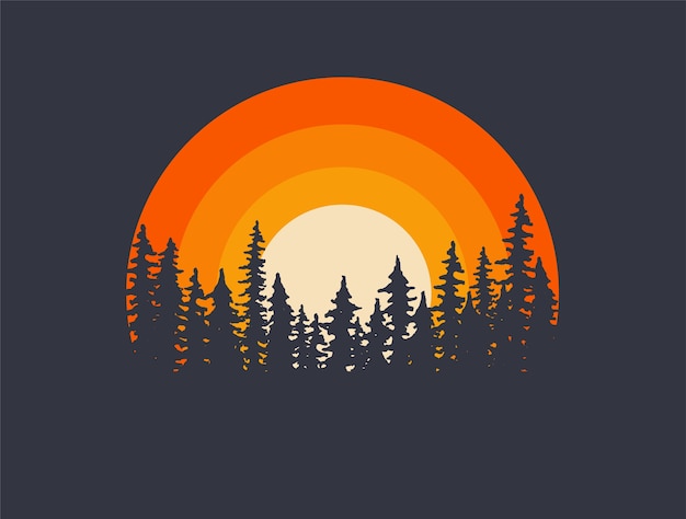 Vecteur silhouettes d'arbres de paysage forestier avec coucher de soleil sur fond. illustration de t-shirt ou d'affiche.