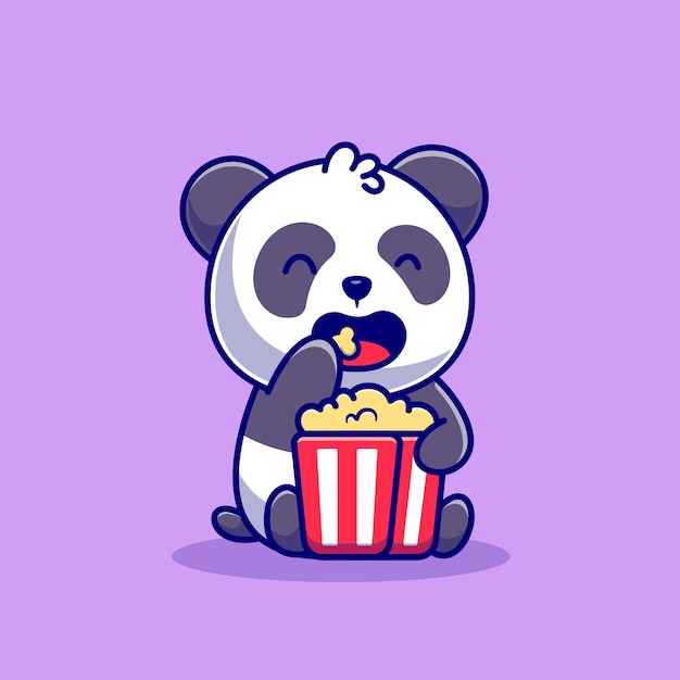 Netter Panda, der Popcorn-Karikatur-Symbol-Illustration isst. Tierfutter-Symbol-Konzept isoliert. Flacher Cartoon-Stil