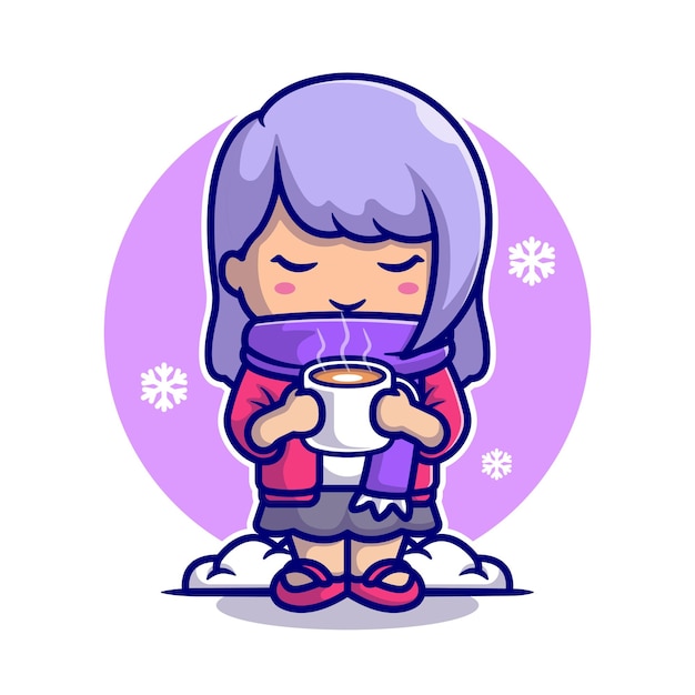 Nettes Mädchen trinken heißen Kaffee im Schnee Cartoon Icon Illustration.