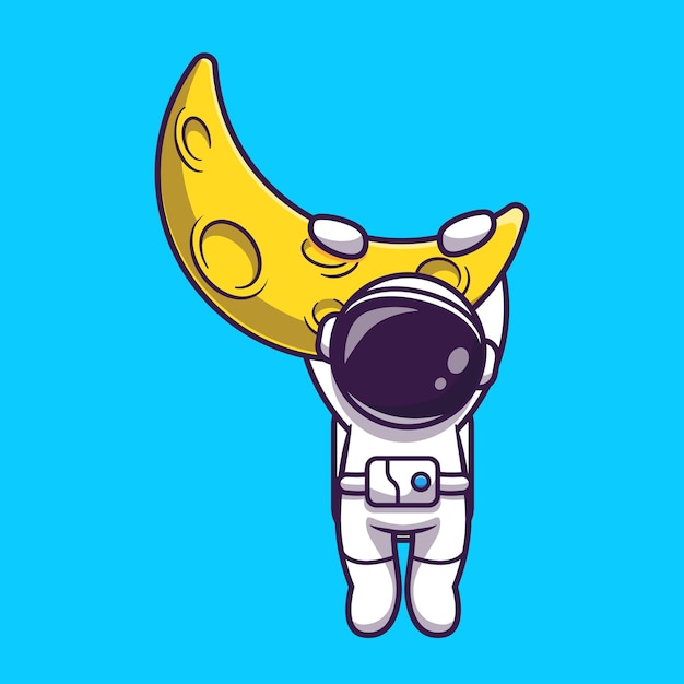 Astronaut, der an der Mond-Karikatur-Vektor-Symbol-Illustration hängt. Wissenschaft Technologie Symbol Konzept Isoliert Premium-Vektor. Flacher Cartoon-Stil