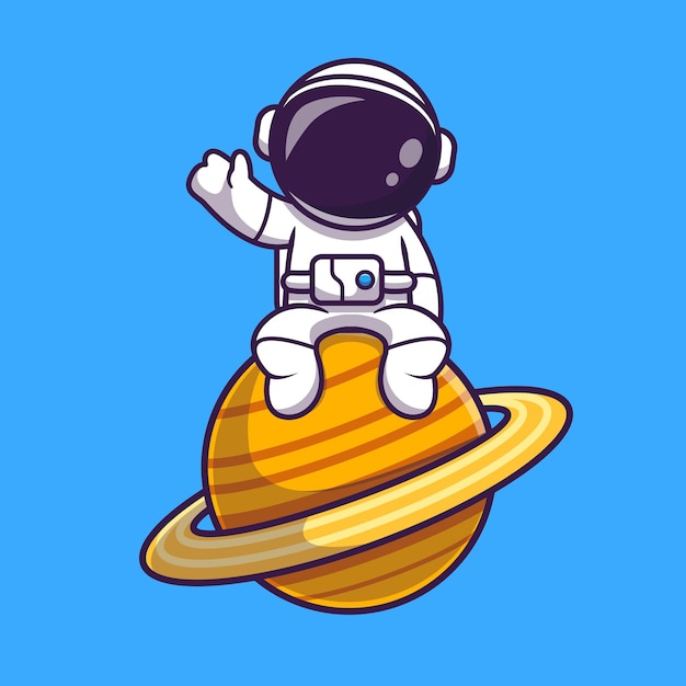 Astronaut sitzt auf dem Planeten und winkt Hand Cartoon Vektor Icon Illustration. Wissenschaft Technologie Symbol Konzept Isoliert Premium-Vektor. Flacher Cartoon-Stil