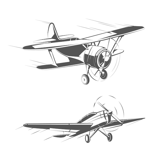 Kostenloser Vektor doppeldecker- und eindeckerflugzeuge für vintage-embleme, abzeichen und logos vektorsatz. luftfahrt flugzeug transport illustration