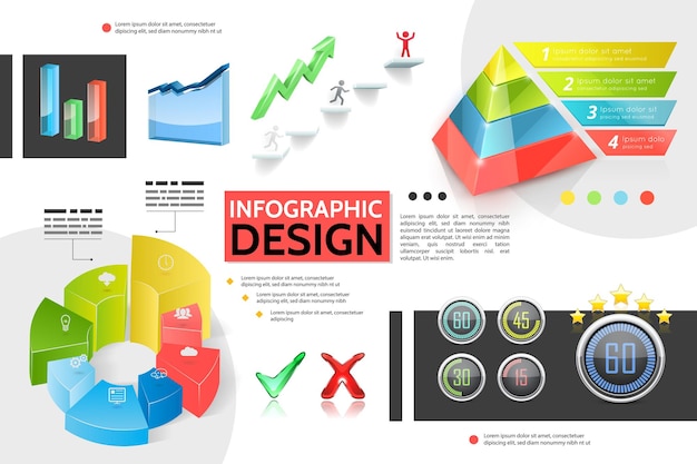 Realistisches buntes Infografik-Konzept mit Marketing-Pyramidendiagrammen Diagramme Balken Geschäftsikonen Informationsindikatoren Häkchen Elemente wachsende Pfeilillustration
