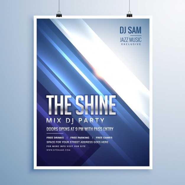Kostenloser Vektor schöne glänzende abstrakte musik-party-flyer-vorlage mit blauen streifen und leuchtende lichter
