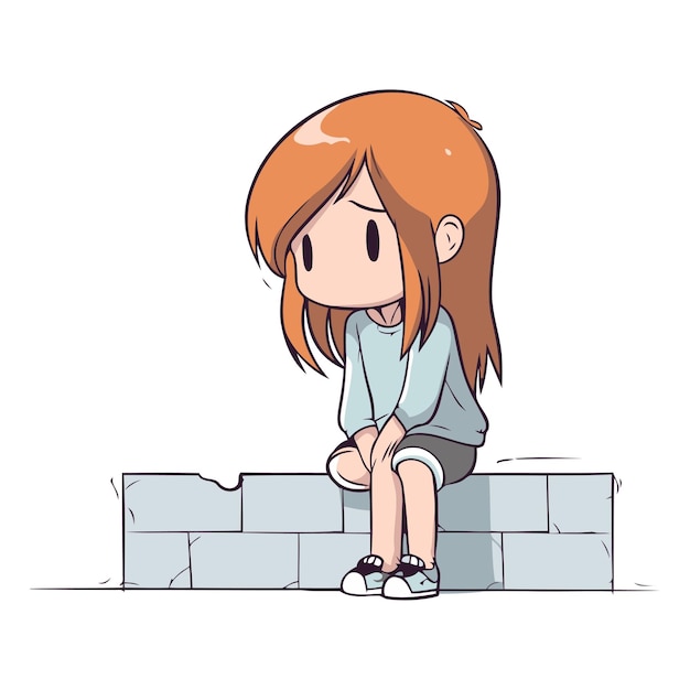Vektor trauriges kleines mädchen sitzt auf der ziegelsteinmauer im cartoon-stil