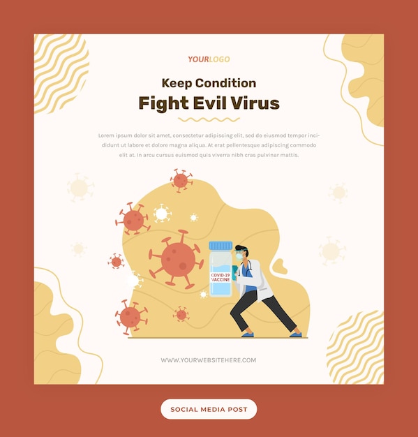 Beitragsvorlage mit Arztillustration, die das Virus mit Maske und Impfstoff bekämpft