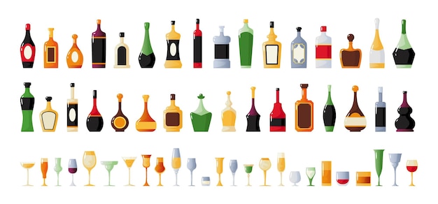 Vektor cartoon-alkoholflaschen whiskey- oder weingetränk vermouth und schnaps in gläsern barkollektion cognac-pakete stemware-formen cocktailbecher oder wodka-shorts vektorgetränke-set