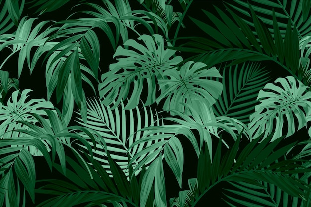 Vektor dunkelgrünes tropisches muster mit palmblättern. sommerlicher vektorhintergrund oder textile illustration