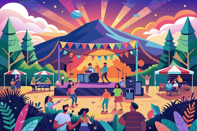 Vektor eine lebendige darstellung eines sommermusikfestivals in einem waldgebiet die bühne ist mit farbenfrohen fahnen geschmückt und zeigt eine band, die musik für eine menschenmenge spielt