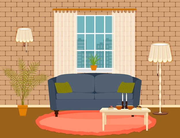 Vektor innenarchitektur im flachen stil des wohnzimmers mit möbeln, sofa, tisch, zimmerpflanze, lampe und fenster.