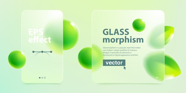 Vektor kartenbildschirme im glasmorphismus-effekt umweltfreundliche vorlage mattglas mit verschwommenen schwebenden grünen blättern und kugeln