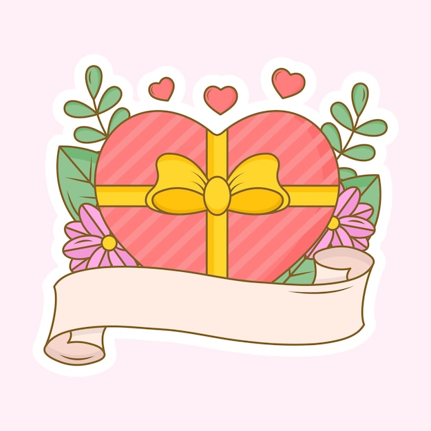 Leeres Band mit Herz-Form-Geschenkbox auf Blumen und Blätter-Hintergrund in der Aufkleber-Art
