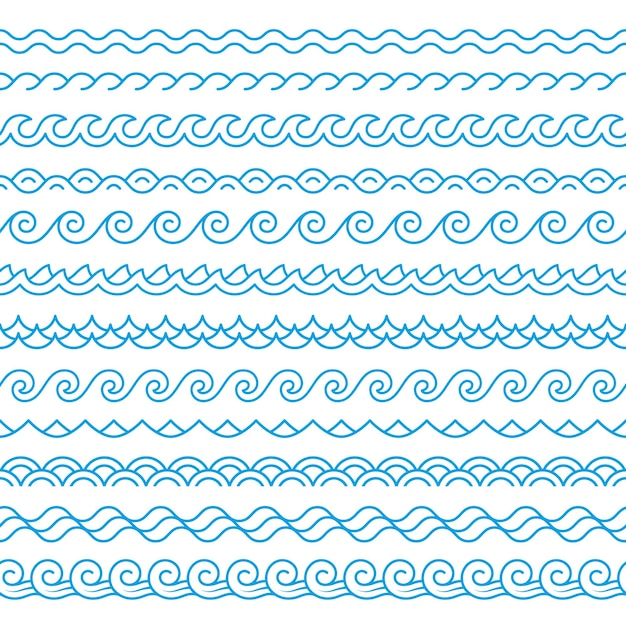 Vektor linie blaue wellengrenzen ozeane oder meereskräuselung nahtloses muster lineare wellen isoliert einfache wasserdekorative symbole ordentliche wellenförmige vektorteiler