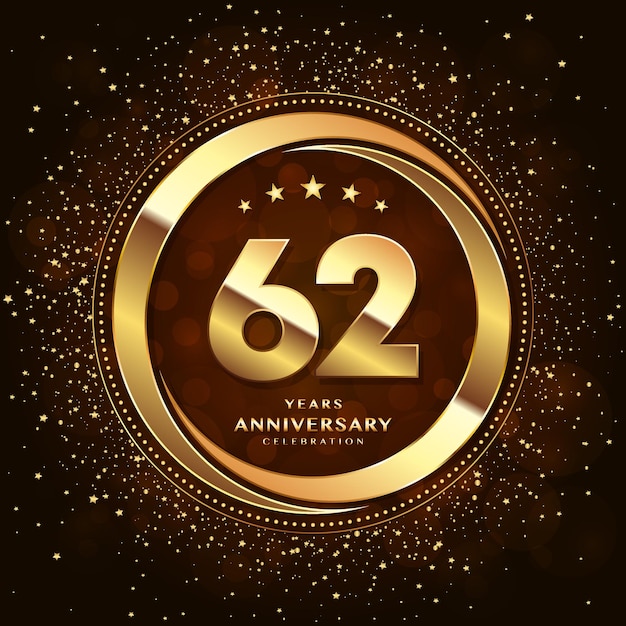 Vektor logo zum 62. jubiläum mit doppelringen und goldener schrift, verziert mit glitzer und konfetti