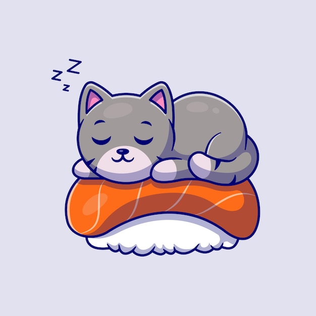 Nette Katze, die auf Sushi-Lachs-Karikaturillustration schläft