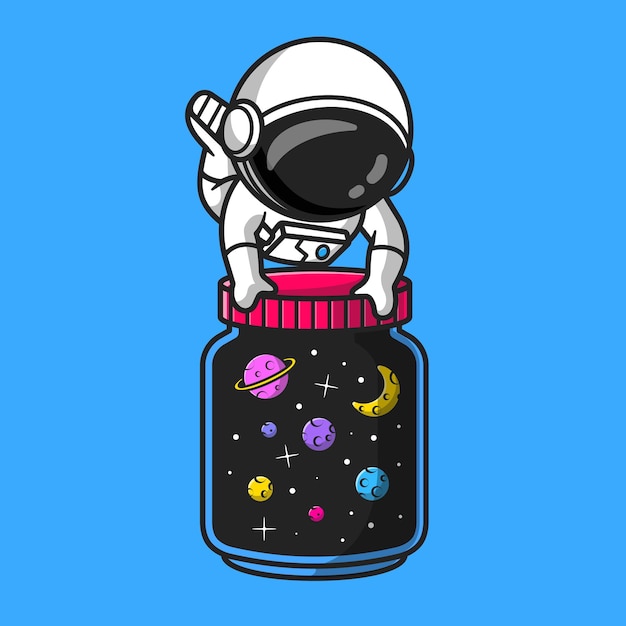 Netter Astronaut mit Glas Galaxy Space Cartoon Vector Icon Illustration. Technologie-Raum-Symbol-Konzept isoliert Premium-Vektor. Flacher Cartoon-Stil