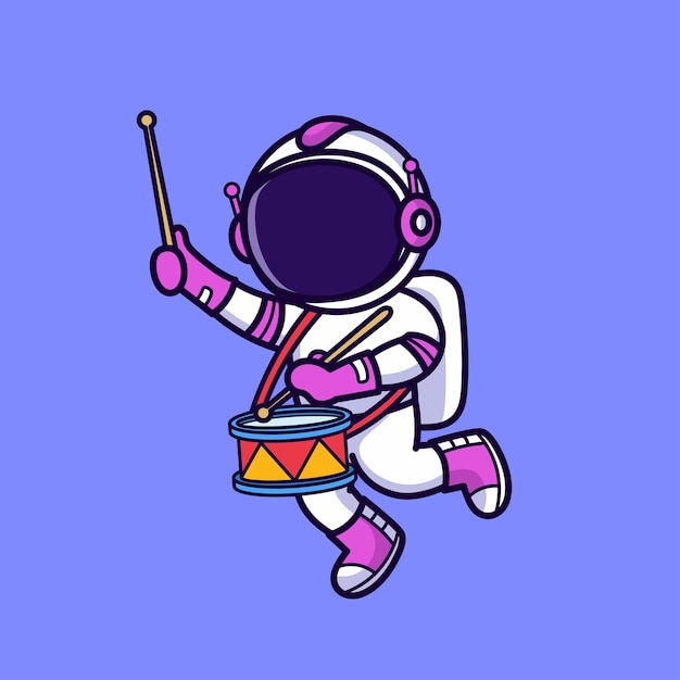 Netter Astronaut, der Trommel lokalisiert auf Purpur spielt
