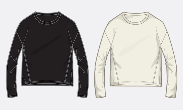 Schwarze und cremefarbene Langarm-T-Shirt-Oberteile, Vektor-Illustrationsvorlage