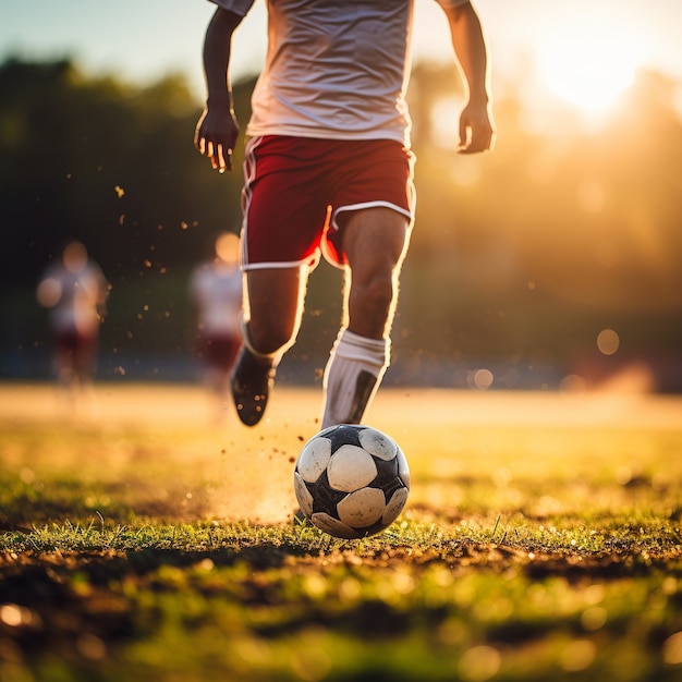 Gratis foto mannelijke voetballer met bal op het grasveld