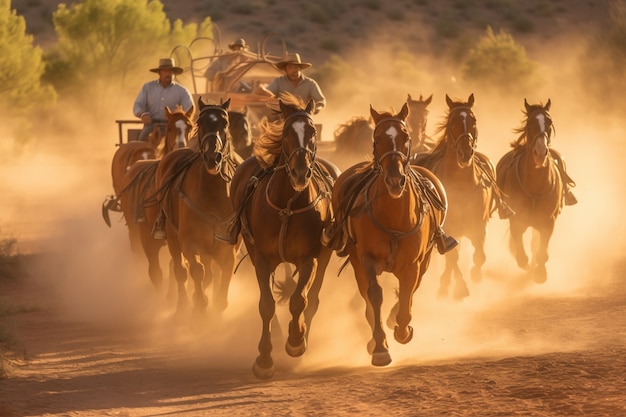 Gratis foto paarden die door de oude westerse stad rennen