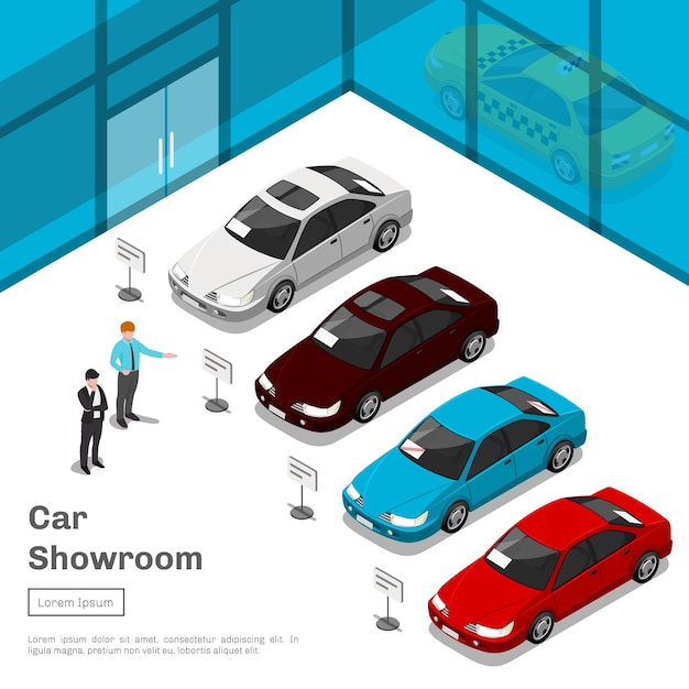 Gratis vector auto showroom. auto business showroom of auto verkoop salon 3d plat isometrische illustratie