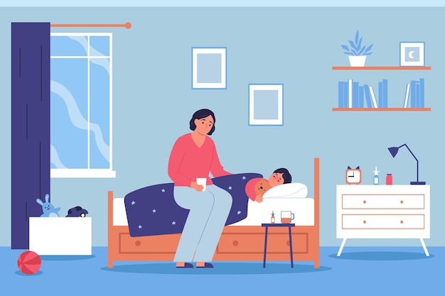 Gezondheidszorg vlakke achtergrond met moeder zittend met medicatie in de buurt van bed van haar zieke zoon vectorillustratie