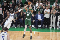 L’attaquant des Boston Celtics Jayson Tatum, en finale de NBA face aux Dallas Mavericks, le 17 juin 2024, à Boston. 