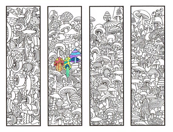 Coloring Bookmarks - Mushroom bookmark coloring page for adults and big kids - Four printable bookmarks to color