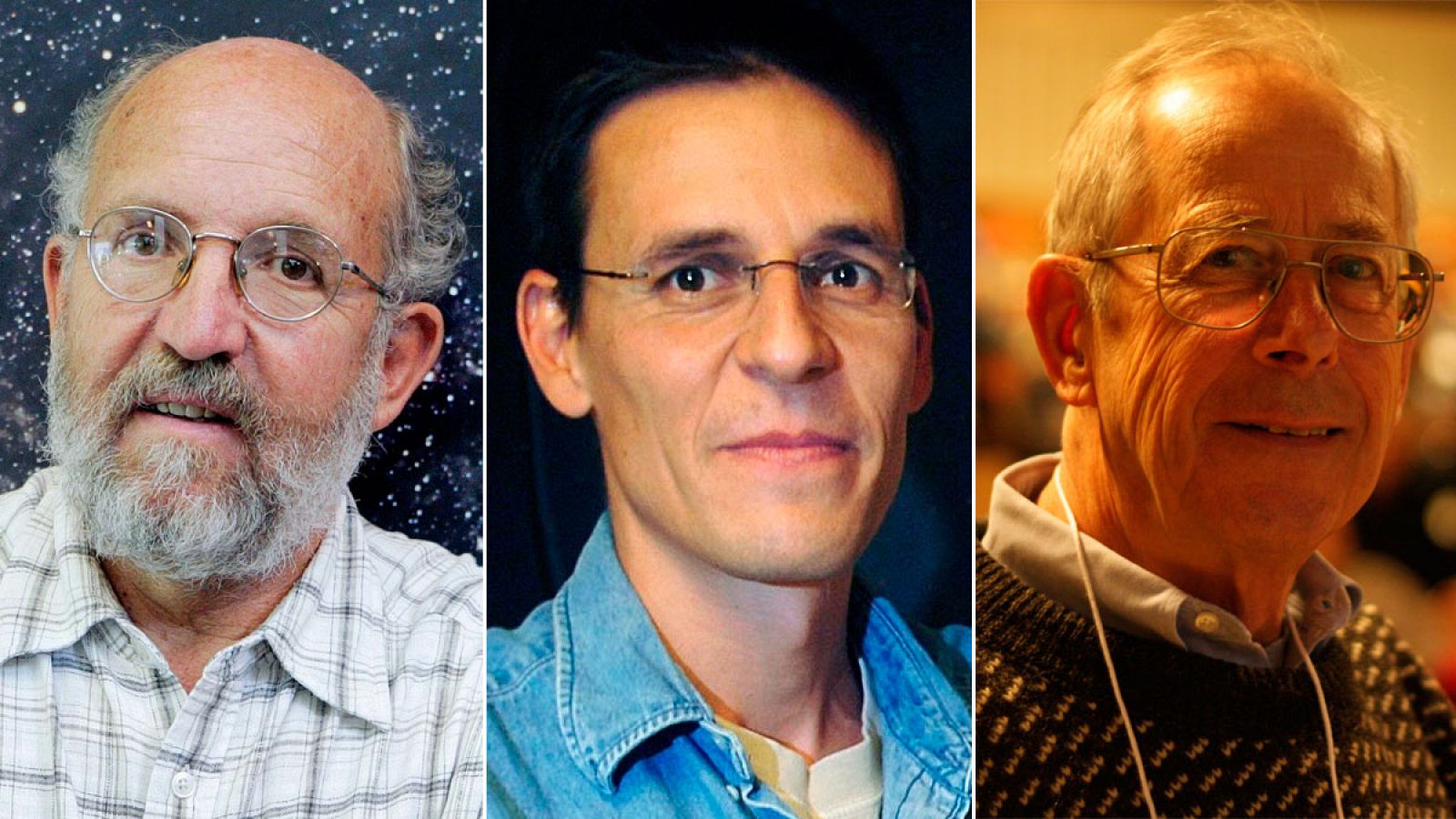 De izquierda a derecha, los astrofísicos Michel Mayor, Didier Queloz y James Peebles.