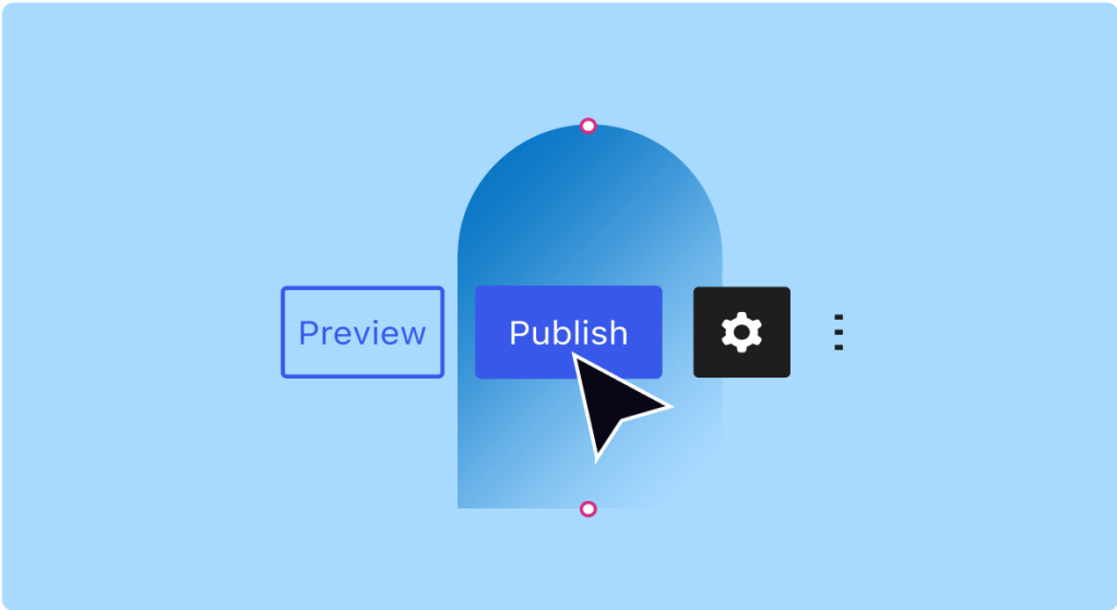 Stylised image showing the preview, publish and block setting icon that can found within the WordPress page and post editor.