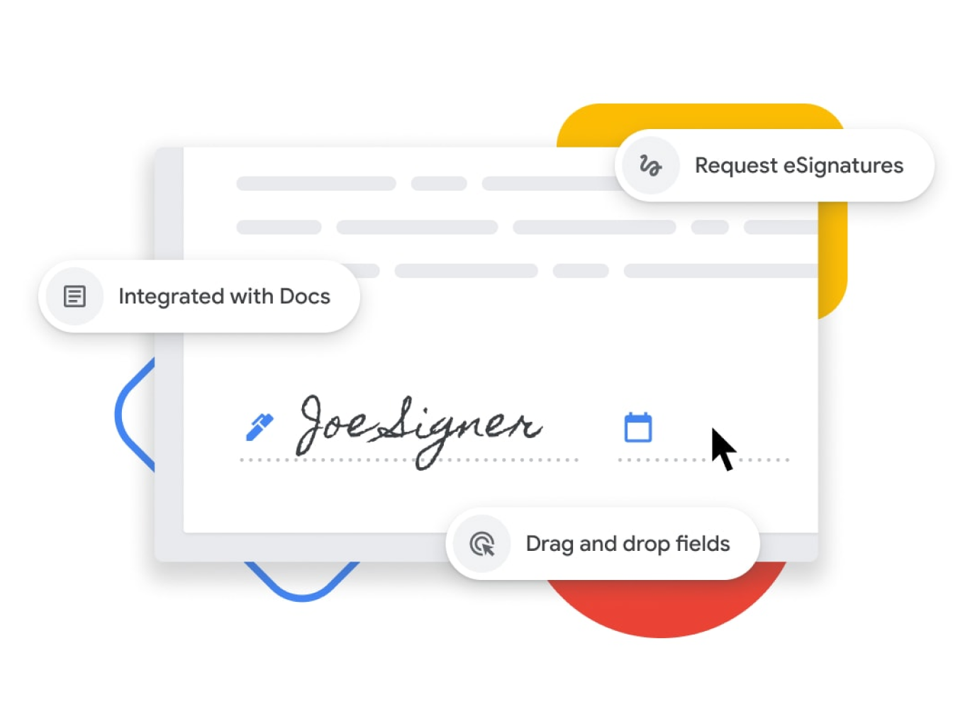 Vizuális ábrázolás az elektronikus aláírás funkcióról, amely lehetővé teszi a felhasználók számára a név- és dátummezők áthúzását és a Google Dokumentumokba való integrálását. 