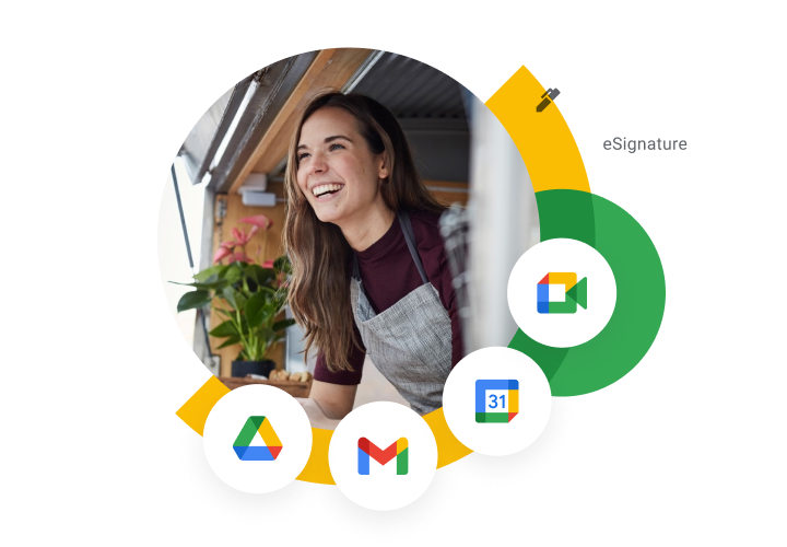 Een grafische voorstelling van de producticonen van Google Drive, Gmail, Google Agenda, Google Meet en e-handtekeningen rondom een glimlachende vrouw. 