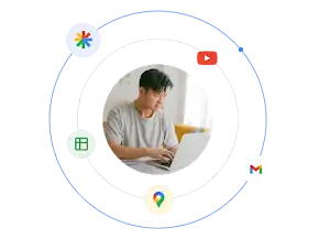Nešiojamuoju kompiuteriu besinaudojantis vyras, apsuptas iliustruotos „Google Ads“ formato tipų ekosistemos
