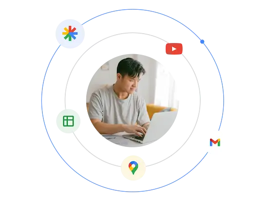 Mężczyzna korzystający z laptopa otoczony symbolami formatów reklam w ekosystemie Google Ads.